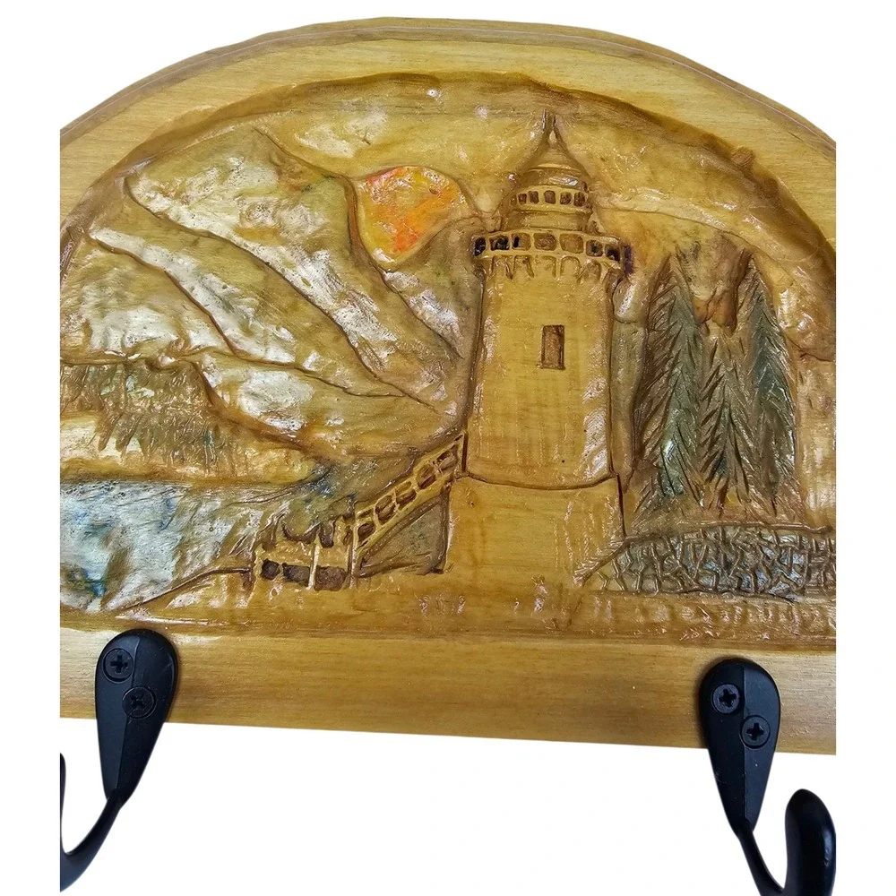 Vintage Lighthouse Scenic Wood Wall Mount Key Holder‎ Rack Hooks Coastal Decor
